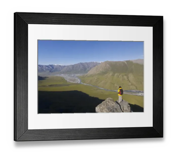 Framed Print : USA, Alaska, Arctic National Wildlife Refuge. Hiker pausing to admire hill scenery
