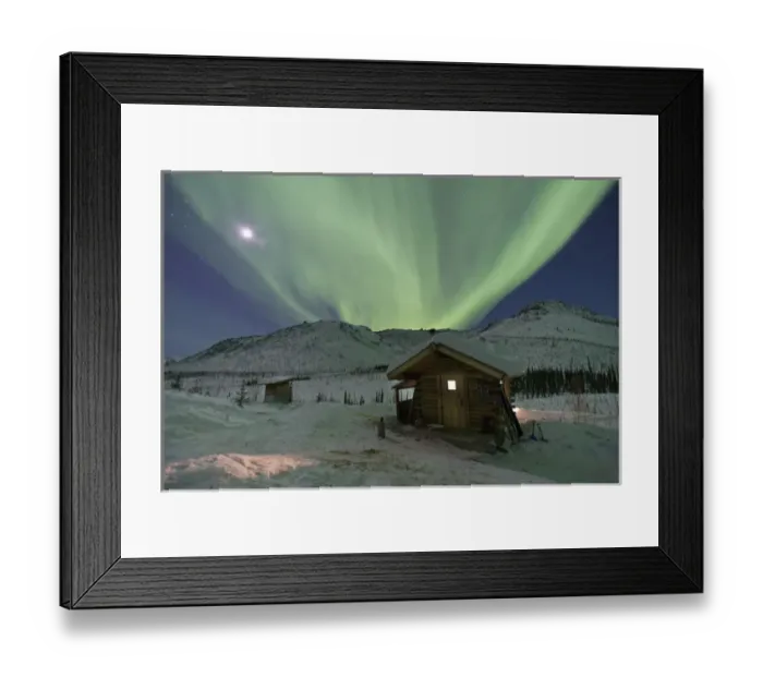 Framed Print : Northern Lights shimmer over the Caribou Bluff cabin in the White Mountain National Framed Print : Northern Lights shimmer over the Caribou Bluff cabin in the White Mountain National