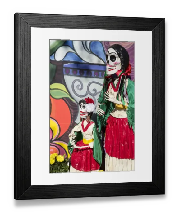 Framed Print : USA, Arizona, Phoenix, Desert Botanical Garden. Skeleton statues and colorful mural at celebration