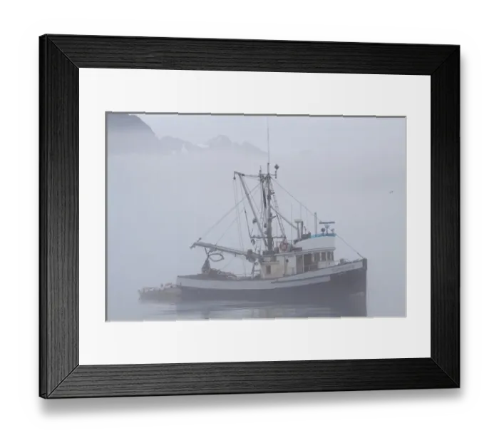 Framed Print : North America; USA; Alaska; Valdez; Fishing Boat in Fog with Mountains in Background