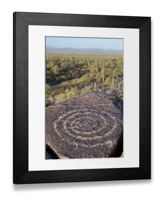 Framed Print : USA, Arizona, Saguaro National Park. Close-up of Hohokam indian petroglyph. Credit as