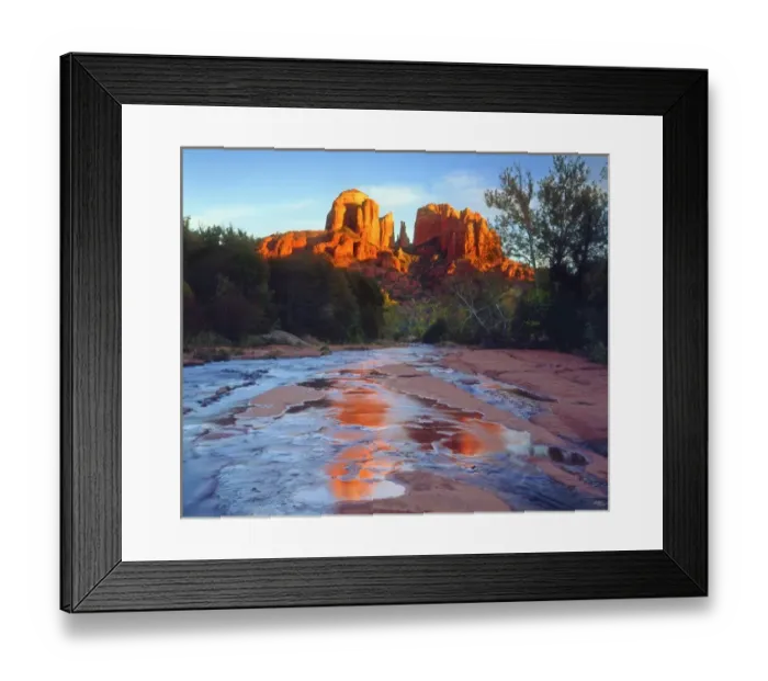 Framed Print : USA; Arizona; Sedona; Cathedral Rock reflecting in Oak Creek at Sunset
