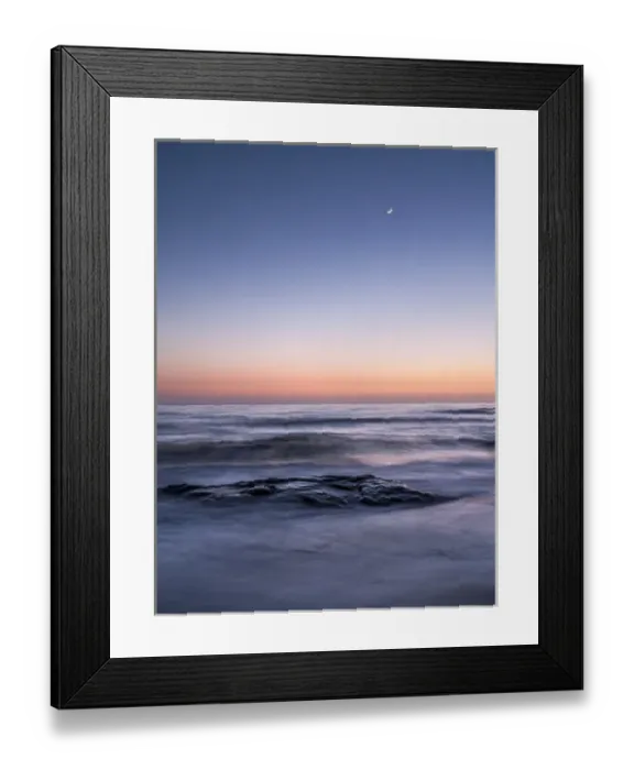 Framed Print : USA, California, La Jolla, Crescent moon at twilight over Windansea Beach Framed Print : USA, California, La Jolla, Crescent moon at twilight over Windansea Beach