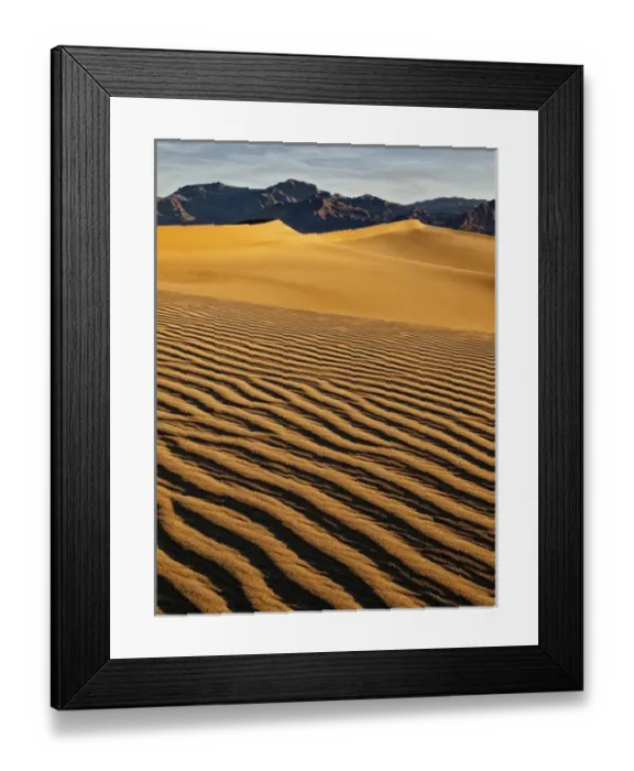 Framed Print : USA, California, Death Valley National Park, Early morning sun hits Mesquite Flat Dunes