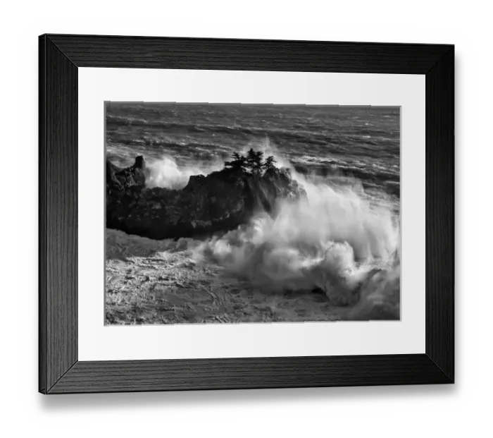 Framed Print : USA, California, Big Sur, Big wave crashes against rocks and trees at Julia Pfeiffer Framed Print : USA, California, Big Sur, Big wave crashes against rocks and trees at Julia Pfeiffer