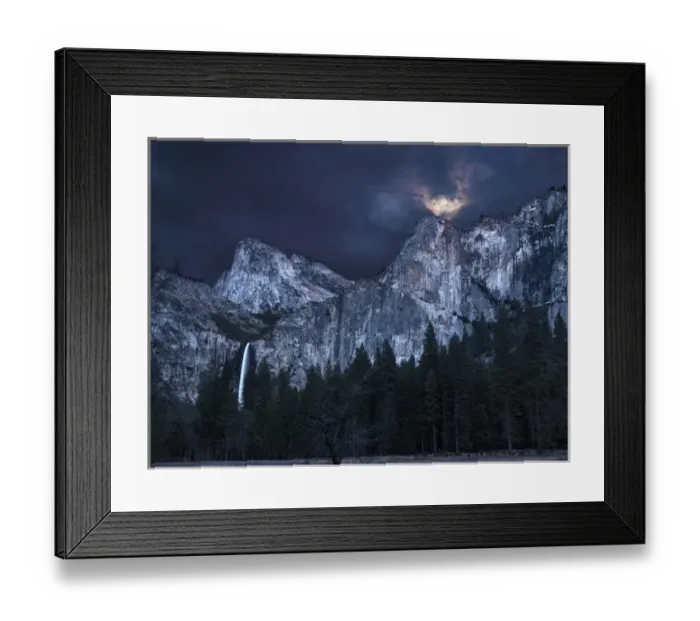 Framed Print : USA, California, Yosemite National Park, Full moon rises above Bridalveil Fall