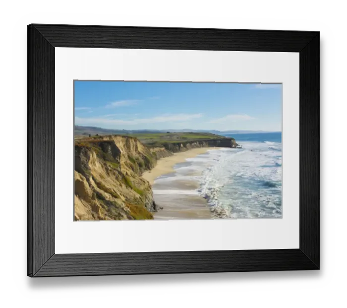 Framed Print : Half Moon Bay California shore ocean cliffs off of the Ritz Golf Course with waves Framed Print : Half Moon Bay California shore ocean cliffs off of the Ritz Golf Course with waves