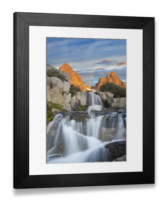 Framed Print : USA, California, Inyo National Forest. Waterfalls below Mount Ritter and Banner Peak at sunrise Framed Print : USA, California, Inyo National Forest. Waterfalls below Mount Ritter and Banner Peak at sunrise