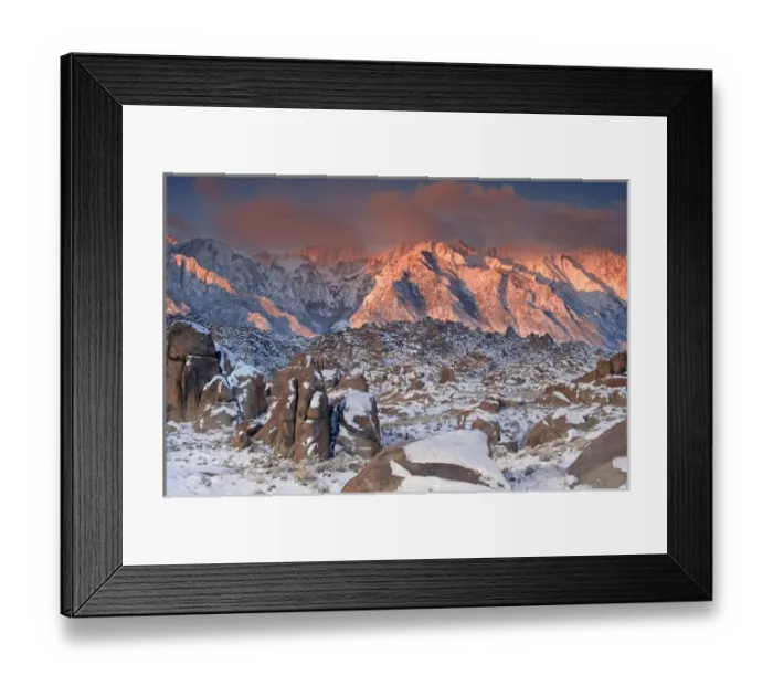 Framed Print : USA, California, Eastern Sierra Mountains. Sunlight on winter landscape in the Alabama Hills