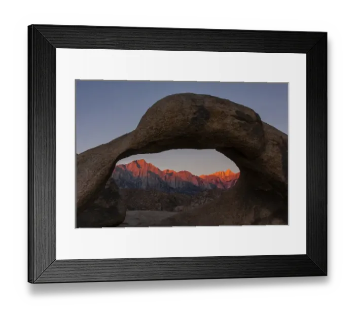Framed Print : USA, California, Alabama Hills. Mt. Whitney seen through Mobius Arch at sunrise. Credit as