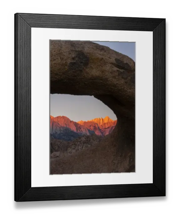 Framed Print : USA, California, Alabama Hills. Mt. Whitney seen through Mobius Arch at sunrise. Credit as