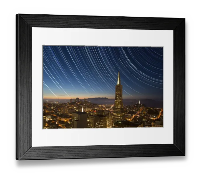 Framed Print : USA, California, San Francisco. Composite of star trails above Transamerica Building