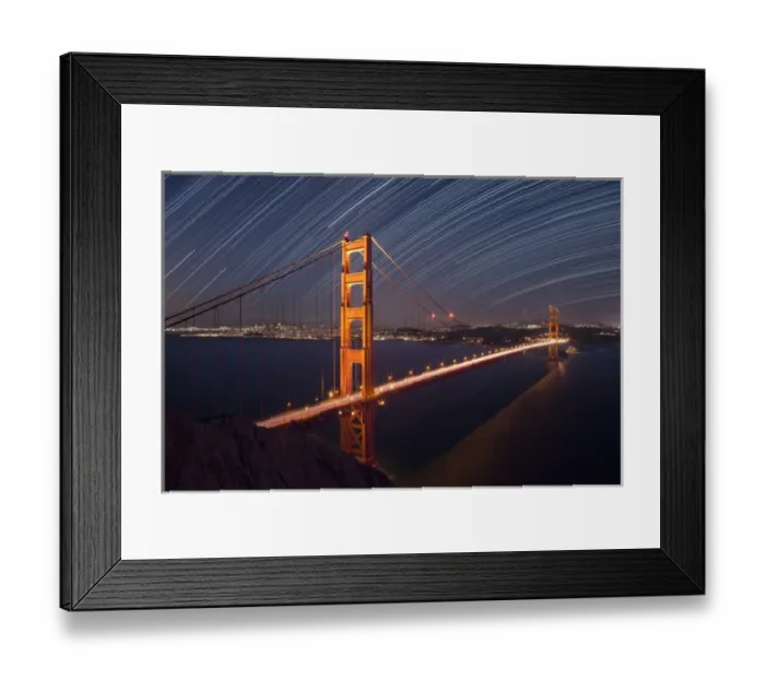 Framed Print : USA, California, San Francisco. Composite of star trails above Golden Gate Bridge