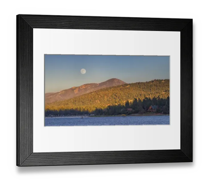 Framed Print : USA, California, Big Bear. Moonrise and sunset over Big Bear Lake in Southern California Framed Print : USA, California, Big Bear. Moonrise and sunset over Big Bear Lake in Southern California