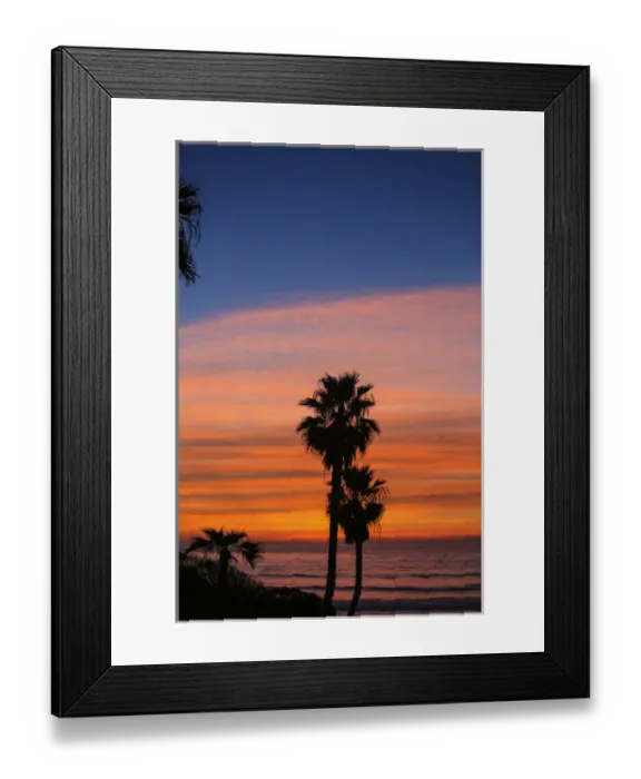 Framed Print : Solana Beach, San Diego County, California. Palm trees face the ocean during a pink