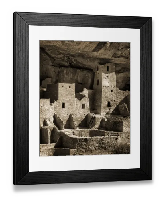 Framed Print : USA, Colorado, Mesa Verde National Park, Cliff Palace ruin, tinted monochrome