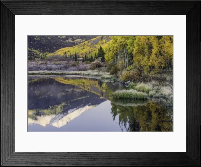 Framed Print : Fall colors and Red Mountain reflected on Crystal Lake at sunrise, near Ouray, Colorado