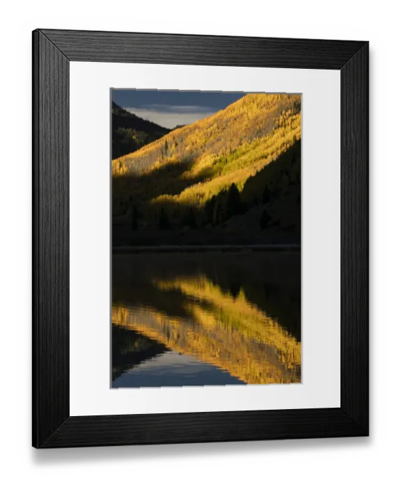 Framed Print : Fall aspen trees reflected on Crystal Lake at sunrise, near Ouray, Colorado