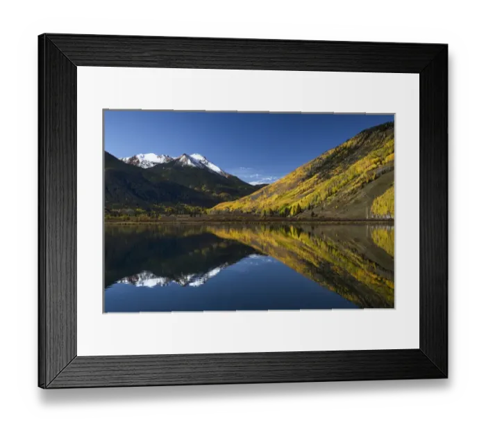 Framed Print : Red Mountain and autumn aspen trees reflected on Crystal Lake at sunrise, near Ouray