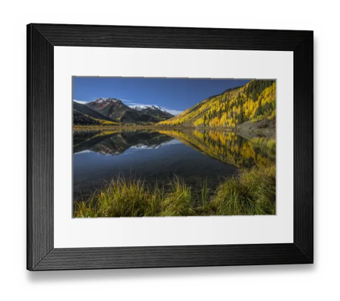 Framed Print : Red Mountain and autumn aspen trees reflected on Crystal Lake at sunrise, near Ouray Framed Print : Red Mountain and autumn aspen trees reflected on Crystal Lake at sunrise, near Ouray