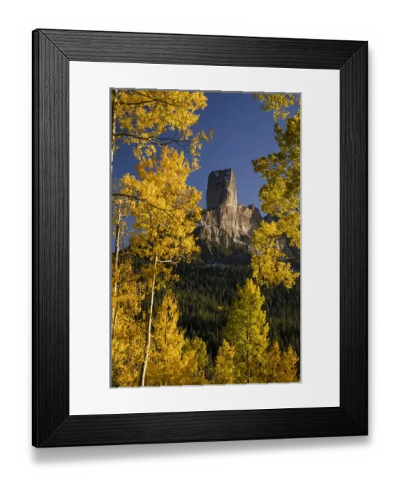 Framed Print : Chimney Rock framed with golden aspens, from Owl Creek Pass, Cimarron range in autumn