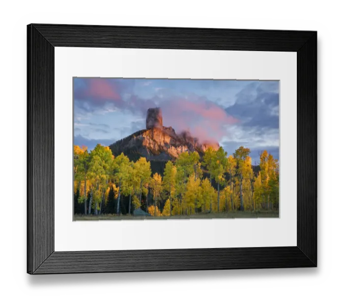 Framed Print : Chimney Rock at sunset, from Owl Creek Pass, Cimarron range in autumn, San Juan Mountains