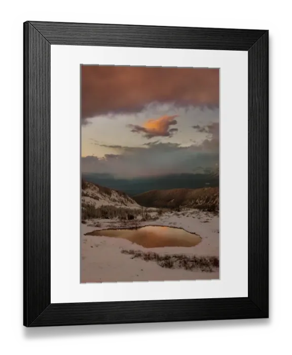 Framed Print : USA, Colorado, Cottonwood Pass. Sunset on alpine tarn ringed with fresh snow. Credit as Framed Print : USA, Colorado, Cottonwood Pass. Sunset on alpine tarn ringed with fresh snow. Credit as