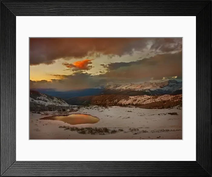 Framed Print : USA, Colorado, Cottonwood Pass. Sunset on alpine tarn ringed with fresh snow. Credit as
