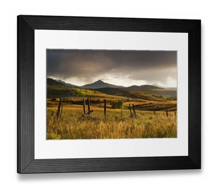 Framed Print : USA, Colorado, San Juan Mountains. Landscape and fence at sunset Framed Print : USA, Colorado, San Juan Mountains. Landscape and fence at sunset