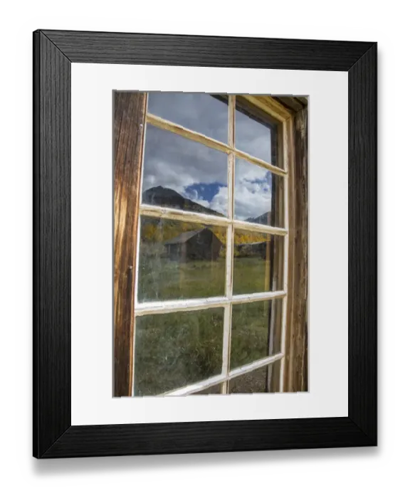 Framed Print : USA, Colorado, Ashcroft. Autumn scenic reflected in abandoned mining cabin window Framed Print : USA, Colorado, Ashcroft. Autumn scenic reflected in abandoned mining cabin window