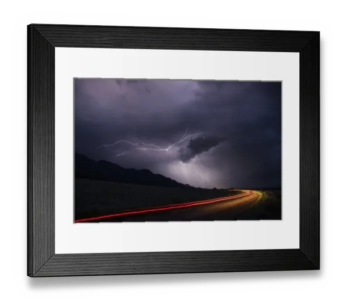Framed Print : USA, Colorado, Upper Arkansas River Valley. Lightning stormover vehicle light track Framed Print : USA, Colorado, Upper Arkansas River Valley. Lightning stormover vehicle light track