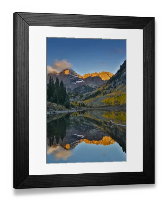 Framed Print : Sunrise Marron Bells autumn colors on aspens with pond reflection Framed Print : Sunrise Marron Bells autumn colors on aspens with pond reflection