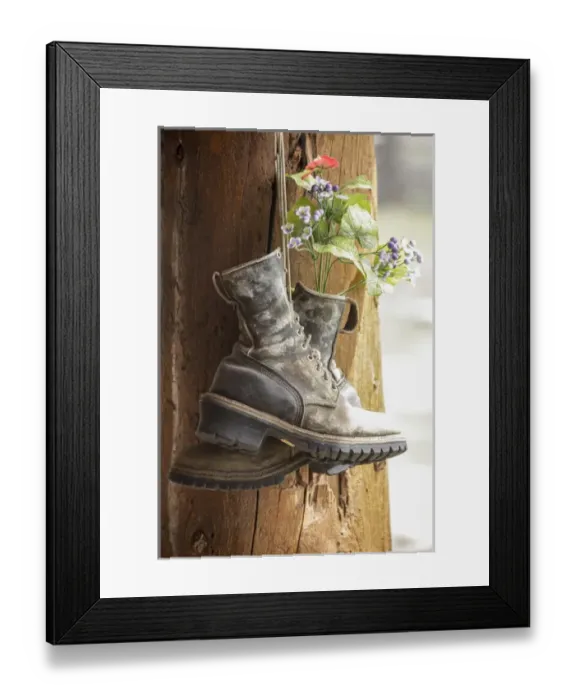 Framed Print : Old boots used a decoration, Pagosa Springs, Colorado, United States