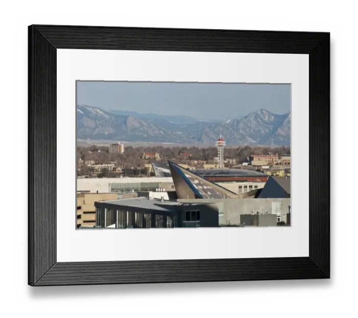 Framed Print : USA, CO, Denver. View west to Rocky Mountains over tops of Denver buildings including
