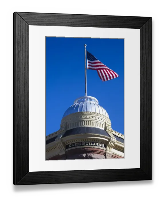 Framed Print : USA, Colorado, Aspen, Elks Building and US flag Framed Print : USA, Colorado, Aspen, Elks Building and US flag