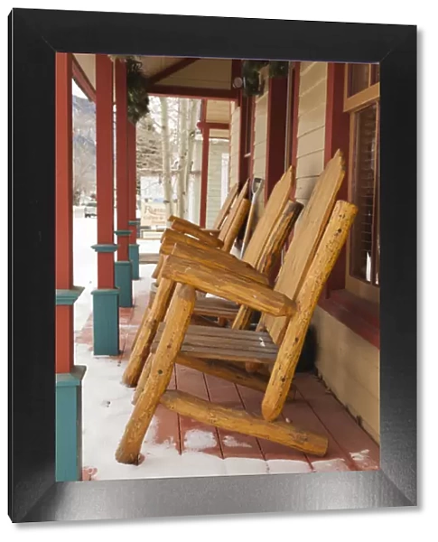 USA, Colorado, Crested Butte, rocking chairs on porch