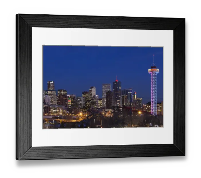 Framed Print : USA, Colorado, Denver, city view from the west at dusk with Elitch Gardens theme