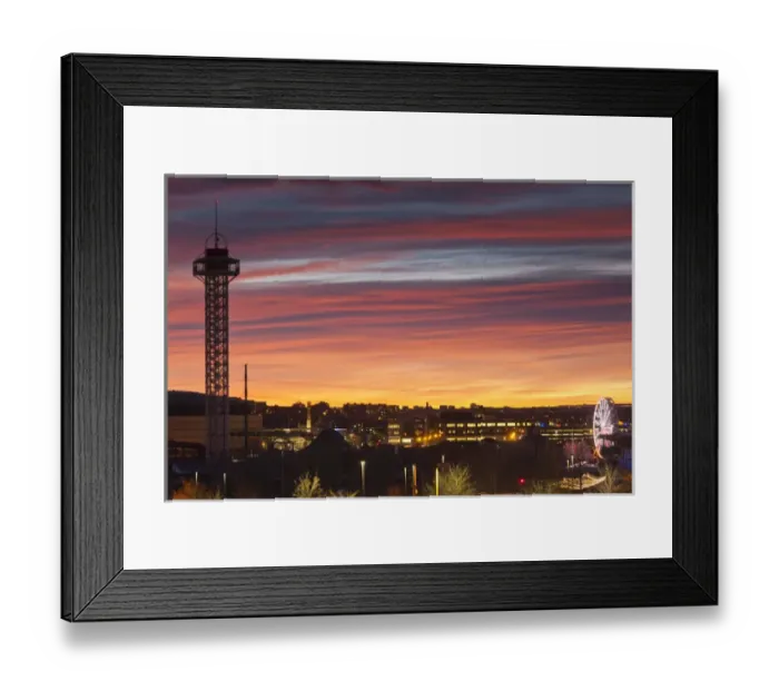 Framed Print : USA, Colorado, Denver, city view from the west with Elitch Gardens theme park tower, dawn Framed Print : USA, Colorado, Denver, city view from the west with Elitch Gardens theme park tower, dawn