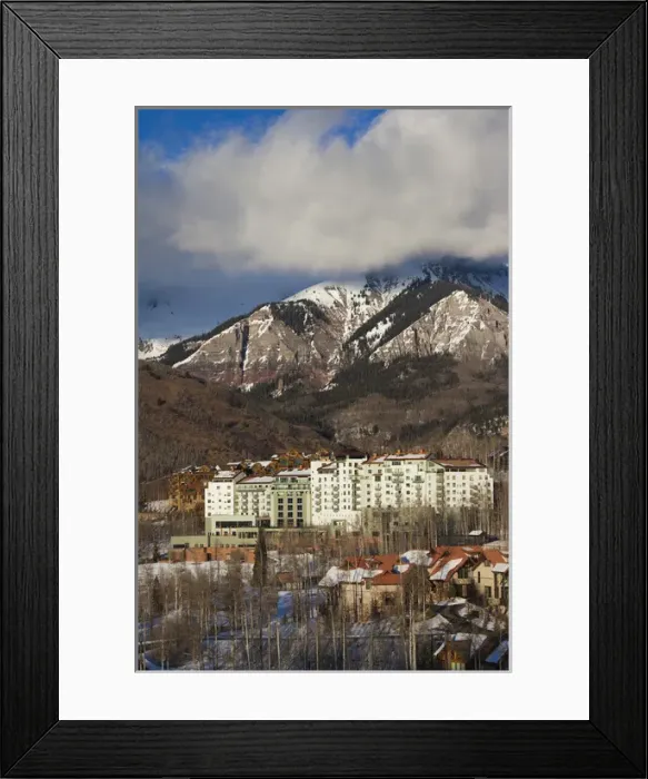 Framed Print : USA, Colorado, Telluride, elevated view of Mountain Village Ski Area and The Peaks Resort Framed Print : USA, Colorado, Telluride, elevated view of Mountain Village Ski Area and The Peaks Resort