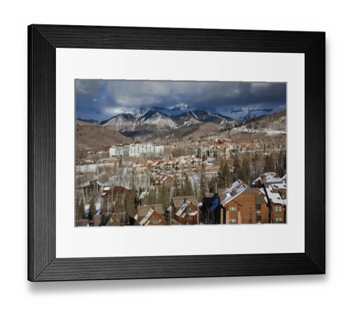Framed Print : USA, Colorado, Telluride, elevated view of Mountain Village Ski Area and The Peaks Resort Framed Print : USA, Colorado, Telluride, elevated view of Mountain Village Ski Area and The Peaks Resort
