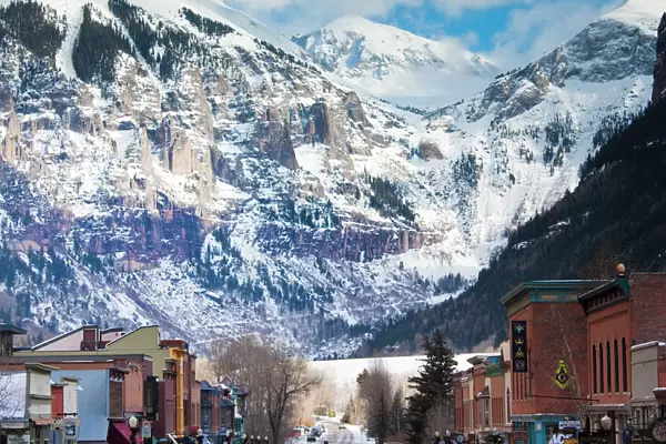 USA, Colorado, Telluride, Main Street and Ajax Peak, winter