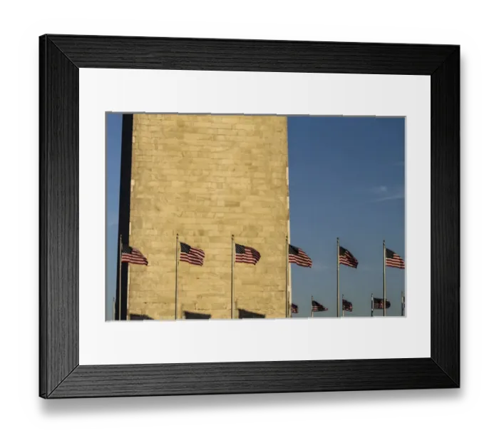 Framed Print : Washington, DC. Washington Monument and two lines of American Flags