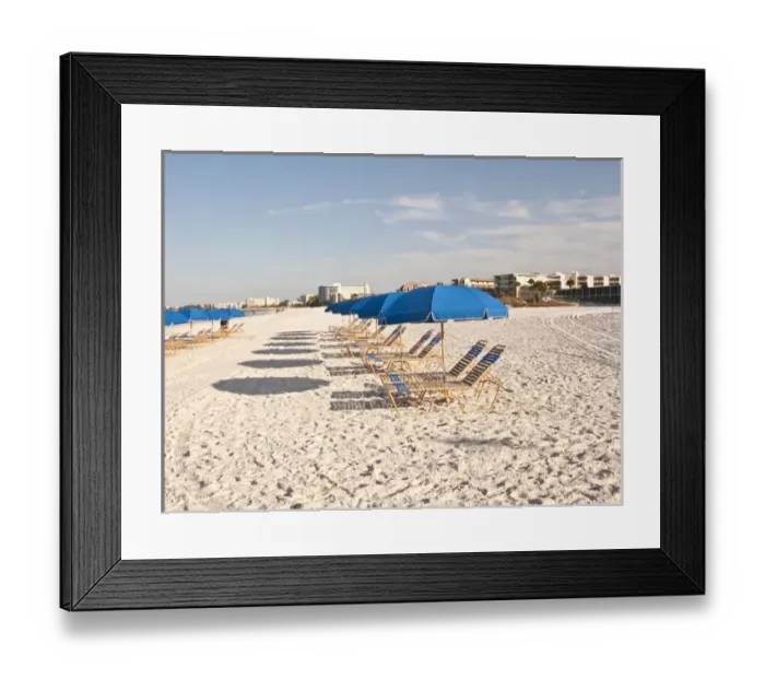 Framed Print : North America, USA, Florida, Sarasota, Crescent Beach, ready with beach chairs and umbrellas Framed Print : North America, USA, Florida, Sarasota, Crescent Beach, ready with beach chairs and umbrellas