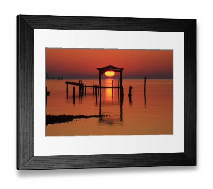 Framed Print : USA; Florida; Apalachicola; Old boat house at sunrise on Apalachicola Bay