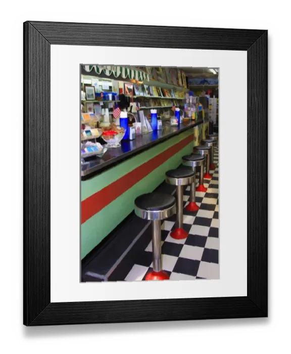 Framed Print : North America, USA, Florida; Apalachicola; Ice cream soda fountain with stools Framed Print : North America, USA, Florida; Apalachicola; Ice cream soda fountain with stools