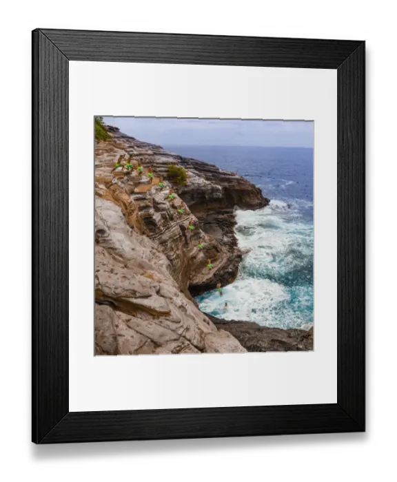 Framed Print : USA, Hawaii, Oahu, Honolulu. Multiple exposure stop action photo of jump off cliff Framed Print : USA, Hawaii, Oahu, Honolulu. Multiple exposure stop action photo of jump off cliff