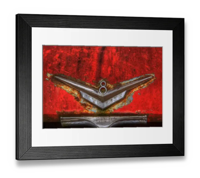 Framed Print : North America, USA, Georgia; Hood ornament on old rusted red Plymouth car at Old Framed Print : North America, USA, Georgia; Hood ornament on old rusted red Plymouth car at Old