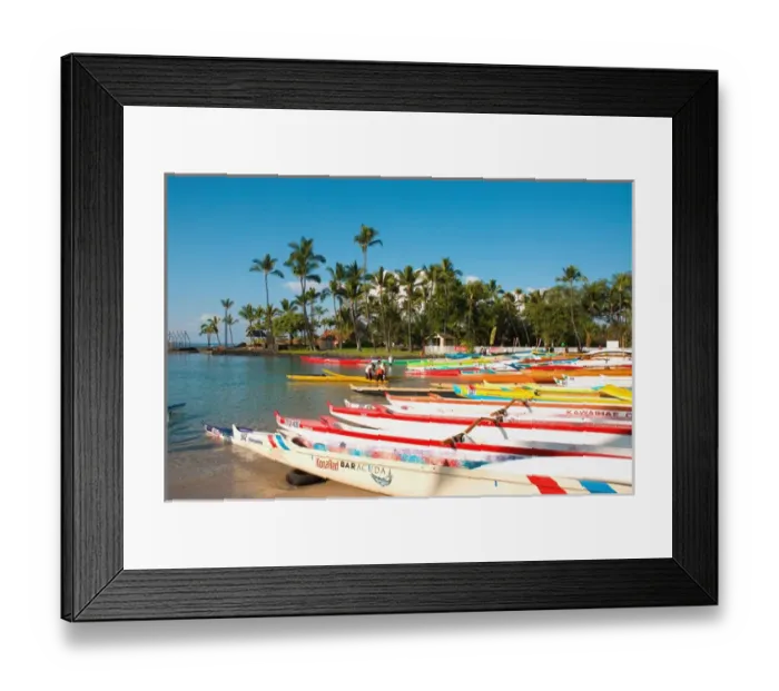 Framed Print : Hawaii, Big Island, Kona-Kailua. Outrigger canoes in the cove at the King Kamehameha Framed Print : Hawaii, Big Island, Kona-Kailua. Outrigger canoes in the cove at the King Kamehameha