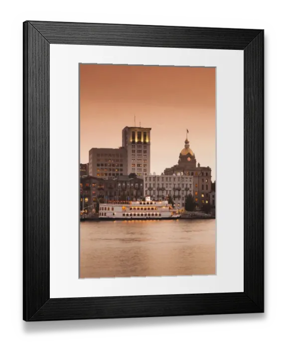 Framed Print : USA, Georgia, Savannah, skyline along the Savannah River, dusk Framed Print : USA, Georgia, Savannah, skyline along the Savannah River, dusk