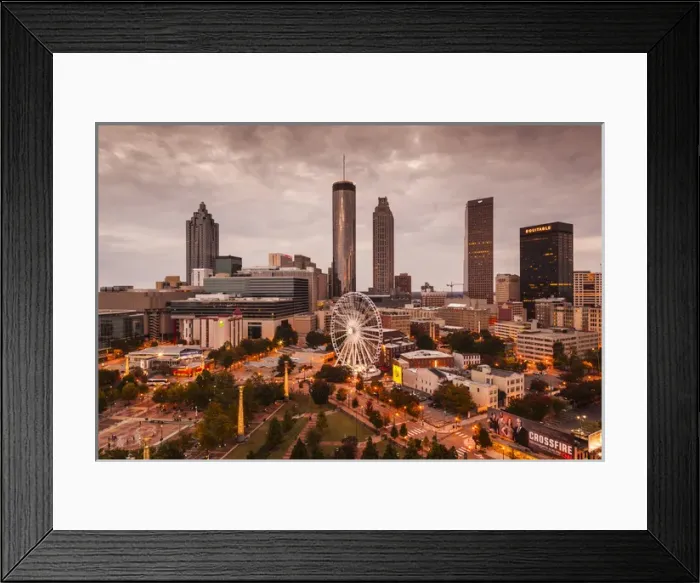 Framed Print : USA, Georgia, Atlanta, Centenial Olympic Park, elevated city view with ferris wheel, dusk